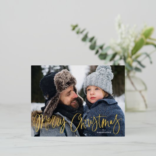 メリークリスマスお洒落金ゴールドスクリプト写真 箔シーズンポストカード (立ち正面)