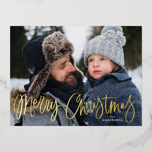 メリークリスマスお洒落金ゴールドスクリプト写真 箔シーズンポストカード (正面)