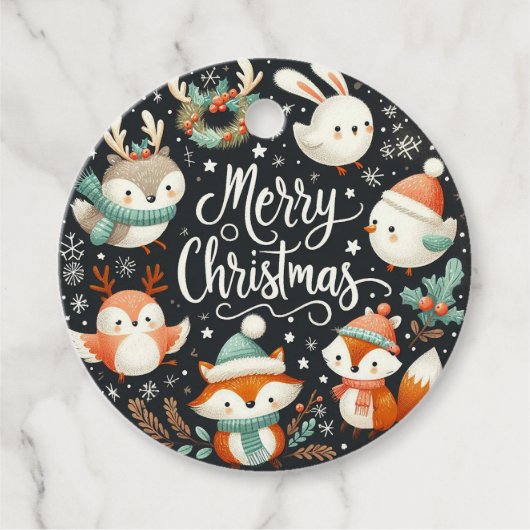 メリークリスマスかわいいキツネとウサギメッセージカード フェイバータグ (正面)