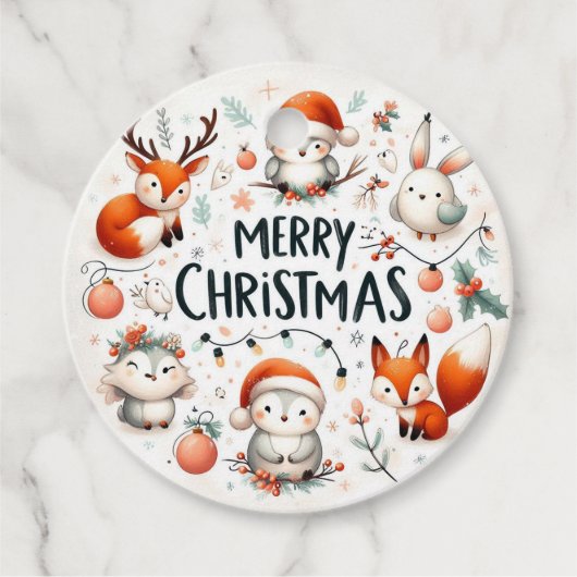 メリークリスマスかわいいキツネとウサギメッセージカード フェイバータグ (正面)