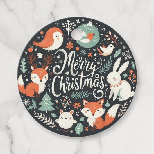 メリークリスマスかわいいキツネとウサギメッセージカード フェイバータグ (正面)