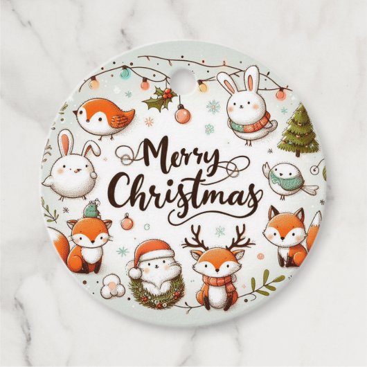 メリークリスマスかわいいキツネとウサギメッセージカード フェイバータグ (正面)