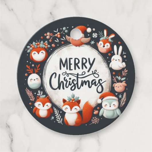 メリークリスマスかわいいキツネとウサギメッセージカード フェイバータグ (正面)