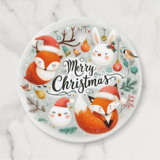 メリークリスマスかわいいキツネとウサギメッセージカード フェイバータグ (正面)