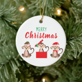 メリークリスマスかわいいサルクリスマス帽子 セラミックオーナメント