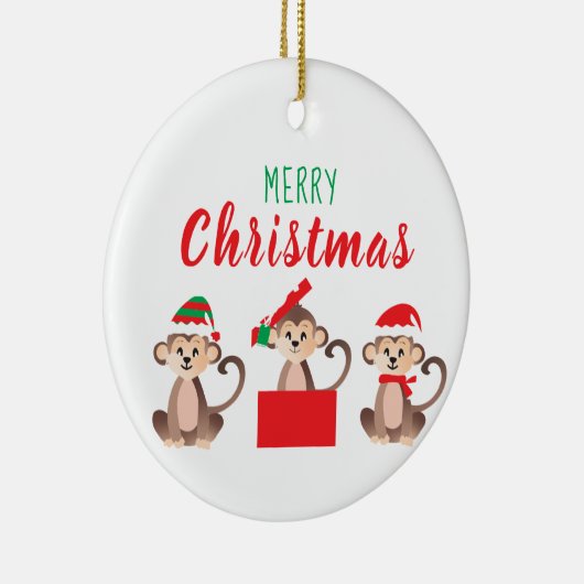 メリークリスマスかわいいサルクリスマス帽子 セラミックオーナメント (右)