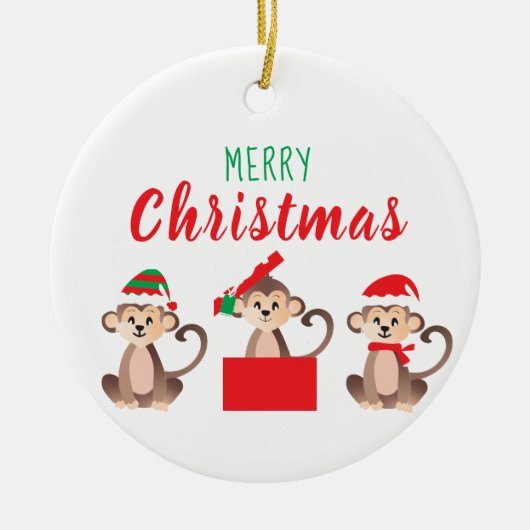 メリークリスマスかわいいサルクリスマス帽子 セラミックオーナメント (正面)