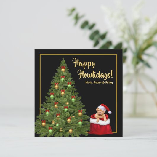 メリークリスマスかわいいサンタクロース子犬の休日 シーズンカード (スタンド正面)