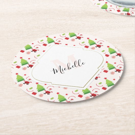メリークリスマスかわいいサンタモノグラム ラウンドペーパーコースター (アングル)