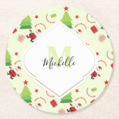 メリークリスマスかわいいサンタモノグラム ラウンドペーパーコースター (正面)