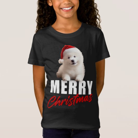 メリークリスマスかわいいサンタ帽子のサモイ子犬 Tシャツ (正面)