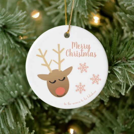 メリークリスマスかわいいトナカイのピンク金ゴールド セラミックオーナメント (ツリー)