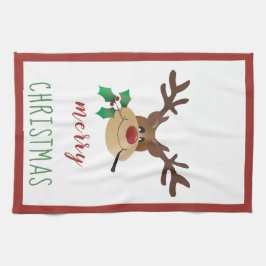 メリークリスマスかわいいトナカイのミスタントリーレッドグリーン キッチンタオル