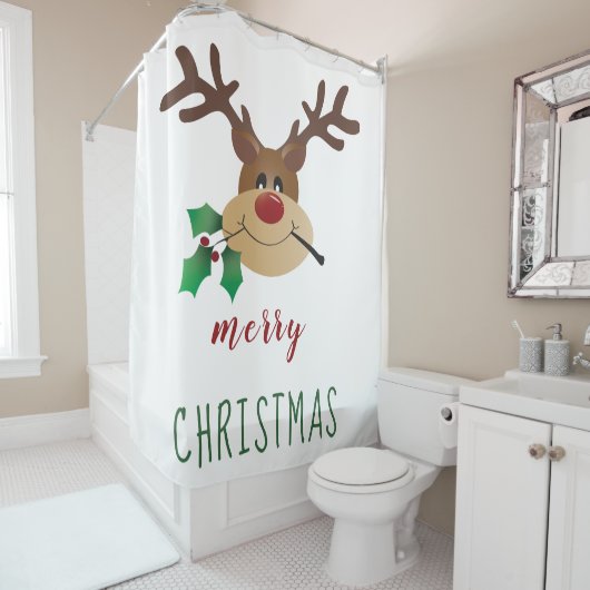 メリークリスマスかわいいトナカイのミスタントリーレッドグリーン シャワーカーテン (インサイチュ)