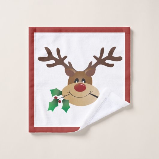 メリークリスマスかわいいトナカイのミスタントリーレッドグリーン バスタオルセット (ウォッシュタオル)