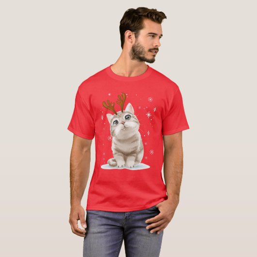 メリークリスマスかわいいトナカイの家族にふれあえる猫 Tシャツ (正面フル)