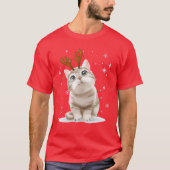 メリークリスマスかわいいトナカイの家族にふれあえる猫 Tシャツ (正面)