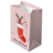 メリークリスマスかわいいトナカイストッキング赤 ミディアムペーパーバッグ (正面アングル)