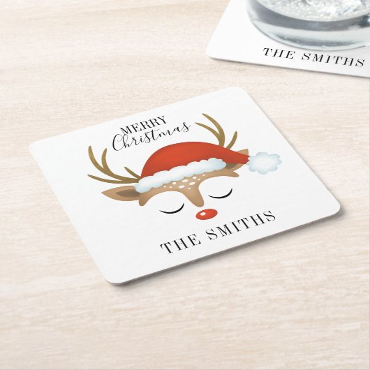 メリークリスマスかわいいトナカイ スクエアペーパーコースター (アングル)