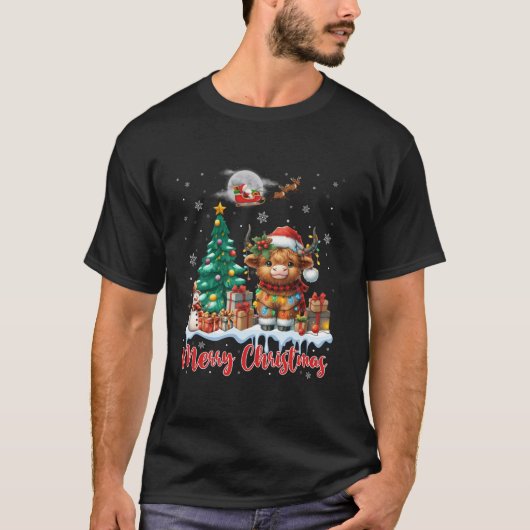 メリークリスマスかわいいハイランドカウサンタハイランドC Tシャツ (正面)