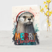メリークリスマスかわいいハッピーサンタオッターカード カード (黄色い花)