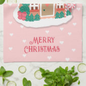 メリークリスマスかわいいピンクの雪のようなジンジャーブレッドハウス キッチンタオル (折り畳み)
