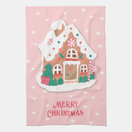 メリークリスマスかわいいピンクの雪のようなジンジャーブレッドハウス キッチンタオル