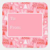メリークリスマスかわいいピンクレトロ植物性クリスマス スクエアシール (正面)