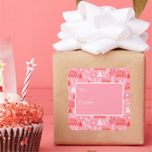 メリークリスマスかわいいピンクレトロ植物性クリスマス スクエアシール (パーティー)