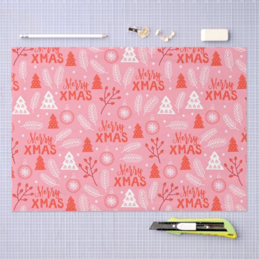 メリークリスマスかわいいピンクレトロ植物性クリスマス 薄葉紙 (クラフト)