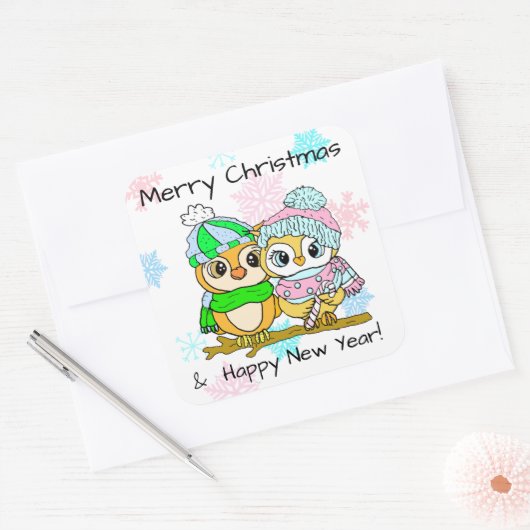 メリークリスマスかわいいフクロカップルのクリスマス スクエアシール (封筒)