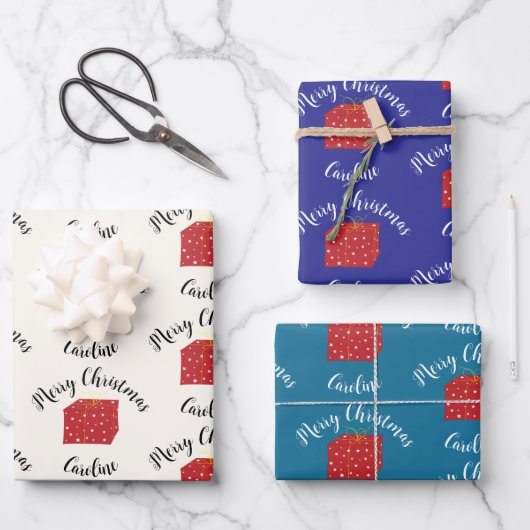 メリークリスマスかわいいプレゼントwith名前をカスタムする ラッピングペーパーシート (正面)