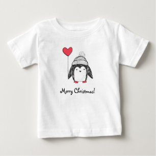 メリークリスマスかわいいベビーペンギンハート型バルーン ベビーTシャツ