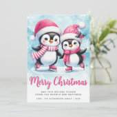 メリークリスマスかわいいペンギンアイススケーター青ピンク シーズンカード (スタンド正面)