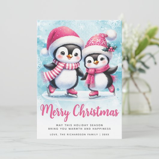 メリークリスマスかわいいペンギンアイススケーター青ピンク シーズンカード (スタンド正面)