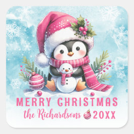 メリークリスマスかわいいペンギン雪とピンクカスタム色 スクエアシール