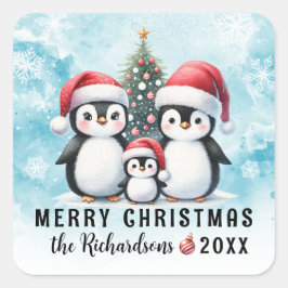 メリークリスマスかわいいペンギン青と赤カスタム スクエアシール