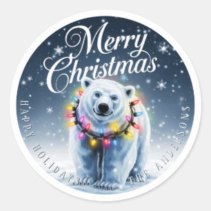 メリークリスマスかわいいホッキョクグマ&雪カスタムのクラス ラウンドシール