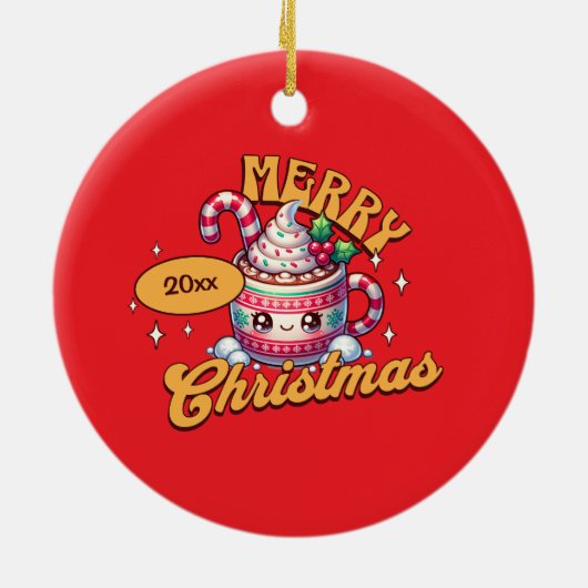 メリークリスマスかわいいホットチョコレートマグファミリー セラミックオーナメント (裏面)