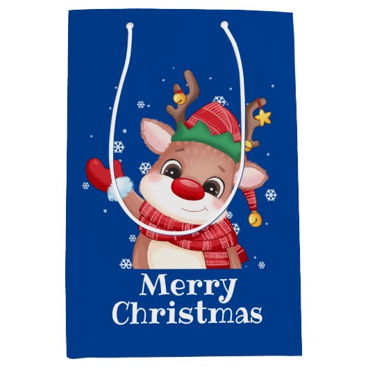 メリークリスマスかわいいルドルフ赤い鼻トナカイ ミディアムペーパーバッグ (正面)