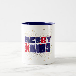 メリークリスマスかわいいレッドブルー金ゴールド ツートーンマグカップ