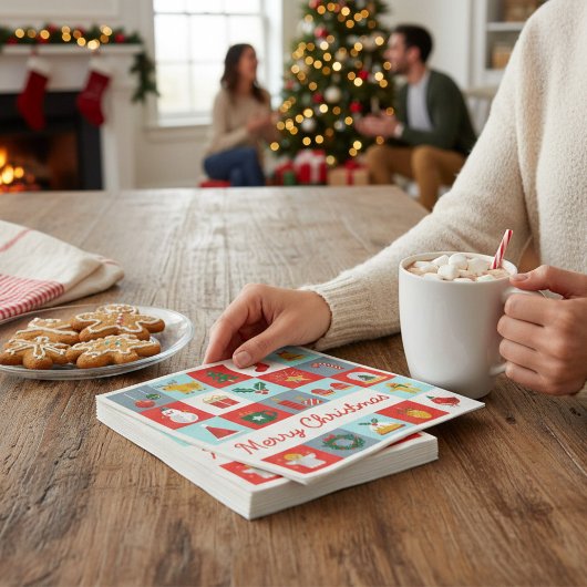 メリークリスマスかわいいレトロ冬クリスマスアイコン スタンダードランチョンナプキン