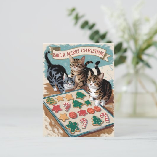 メリークリスマスかわいいヴィンテージ猫 ポストカード (スタンド正面)