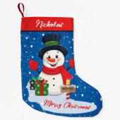 メリークリスマスかわいい幸せ雪だるまと雪 スモールクリスマスストッキング (正面)