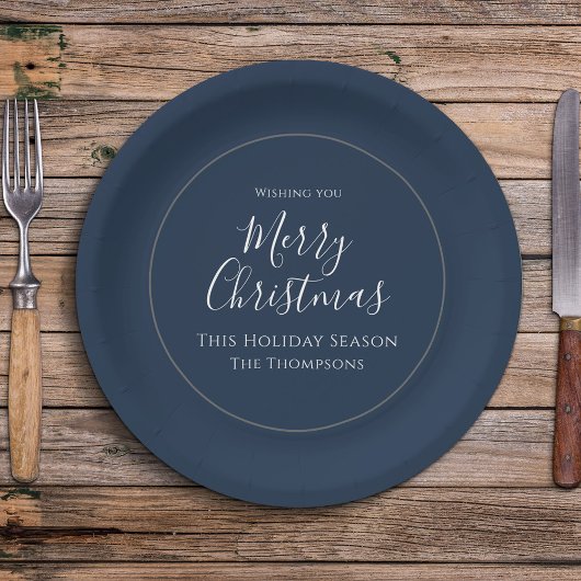 メリークリスマスかわいい書道シンプルネイビーブルー ペーパープレート