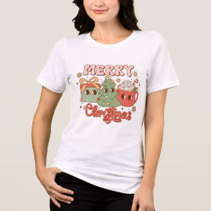 メリークリスマスかわいい松の木、プレゼントとココア トライブレンドTシャツ