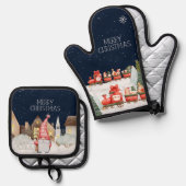 メリークリスマスかわいい格言冬の雪 鍋つかみ&鍋敷きセット (正面/裏面)
