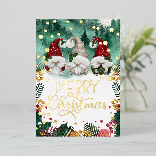メリークリスマスかわいい格言金ゴールド星写真 箔シーズンカード (立ち正面)
