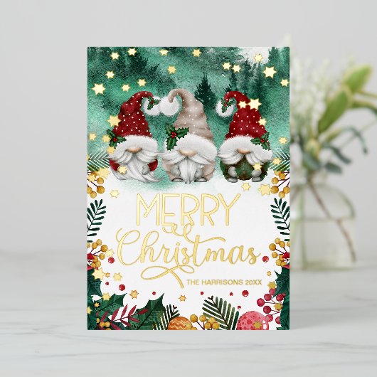 メリークリスマスかわいい格言金ゴールド星写真 箔シーズンカード (立ち正面)