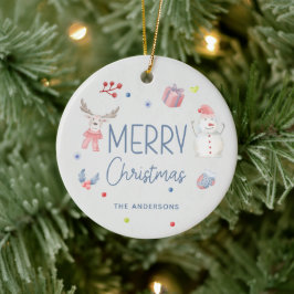 メリークリスマスかわいい水彩冬の写真 セラミックオーナメント